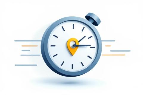 Une horloge stylisée avec un point de carte de localisation, symbolisant une livraison de carte rapide en 48 heures.