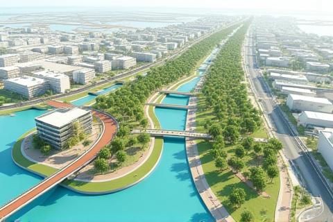 Vue aérienne d'un plan urbain avec des zones colorées représentant différentes fonctions terrestres et des infrastructures, symbolisant le soutien à l'urbanisme.